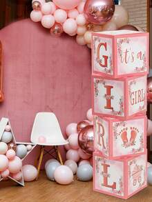 4 pezzi Scatola decorativa con palloncini per festa di nascita di bambina, decorazione elegante a tema floreale rosa per la stanza della festa di nascità, decorazione per festa di rivelazione del sesso, sfondo fotografico per festa di nascità, raffinata scatola decorativa floreale rosa, decorazione per il 1° compleanno - Fiori rosa per baby shower - Visualizzare 5