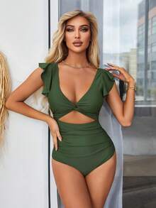Mujer Bañador una pieza girante con abertura fruncido lateral de manga mariposa, sexy, control de barriga, conservador, sin espalda - Verde - Ver 3