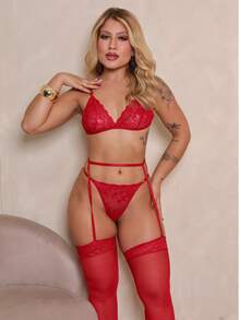 Gringa Sexy Set Kit Adjustable Bra Panties + Garter Belt + Pantyhose - 紅色 - 查看 10