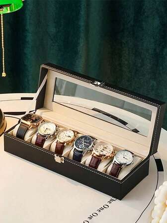 1pc 3/6 Grids Men's Watch Display Box, Glass Lid Watch Storage Box, Black PU Leather Watch Case, Lockable Watch Display Box, Unisex, With Safety Divider For Mechanical & Electronic Watches, Beautiful Gift Display Box, Watch Storage Case, Home Decor, Neutral Gift, Holiday Gift, Christmas Gift, Halloween Gift, Christmas Essential, Back To School Gift