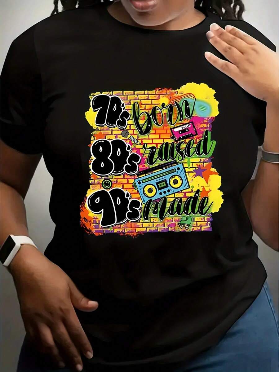 Plus Size, Retro 70s Born, 80s Raised, 90s Made Era Nostalgia Print Women's Plus Size CasualRound Neck T-Shirt - Perfect Summer Top Gift,220g - 黑色 - 查看 1