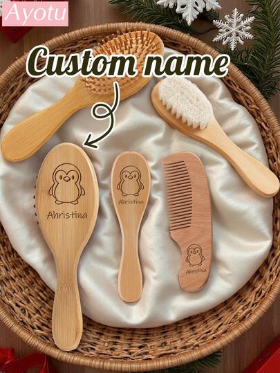 Peine de aire personalizado, peine de bambú tallado para peluquería, cepillo de pelo de cabra natural, peine conmemorativo del crecimiento, peine para el cabello fetal, cepillo de masaje del cuero cabelludo con bolsa de aire, set de peines personalizados para peluquería, recuerdo de peluquería, idea de regalo de invierno para volver a la escuela, San Valentín para niño y niña, moderno, kawaii, lindo, casual, regalo ideal para hijo, hija o mujer