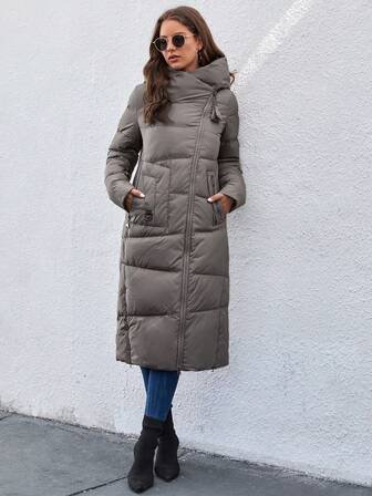 GASMAN Women's Solid Color Long Sleeve Zip-Up Hooded Long Casual Padded Coat, Winter