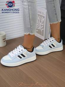 1 Pair Women's Non-Slip, Durable, Lightweight, Fashionable Casual White Sneakers, Outdoor Lace-Up Patchwork Flat Shoes For Indoor & Outdoor Wear