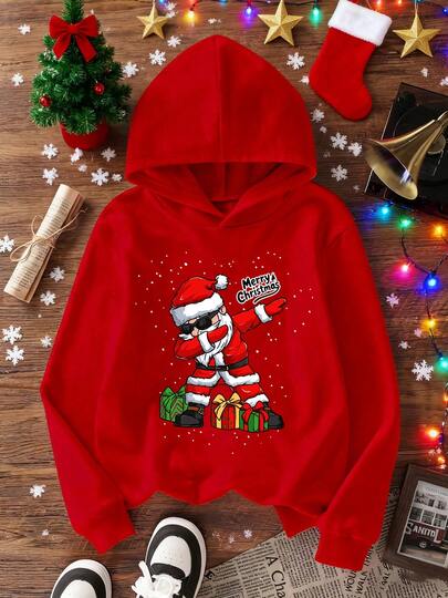 1pc Tween Boy Christmas Santa Claus Print Thermal Lined Hoodie Sweatshirt, Warm Winter Casual/Stylish/Daily/Streetwear/Holiday/Cute Outfit For Young Students