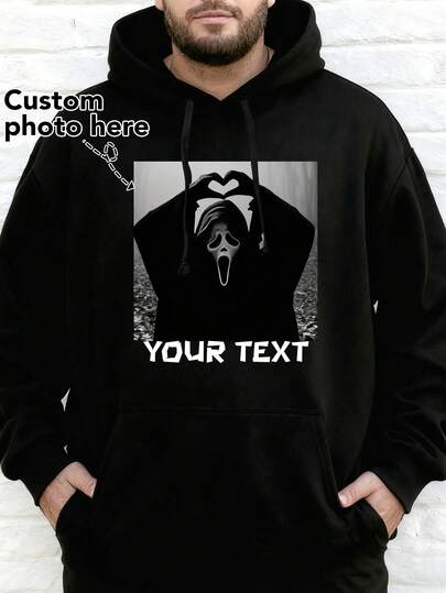 Customized Plus Size Men's Hoodie For Halloween & Winter, Upload Your Photo/Friend/Family/Lover/Pet Funny Images, Interesting Phrases/Quotes/Blessings, Birthday/Valentine's Day/Father's Day/Party Anniversary/Birthday Gift, Halloween/Christmas Holiday Personalized Photo Print, Long Sleeve Top