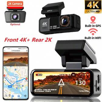 4K Dash Cam, 2160P Car Camera, Mini Dash Cam, 4K Front Camera + 2K Rear Camera (Optional), Built-In GPS And WiFi, 128GB Dash Cam Storage Card (Optional)
