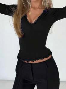 WOWDARK Women's Summer Top, Black Lace Trim V-Neck Flare Sleeve Casual T-Shirt, Suitable For Valentine's Day, Dates, Gatherings, Parties, Travel, Vacation, Beach And Other Occasions - Black - View 5