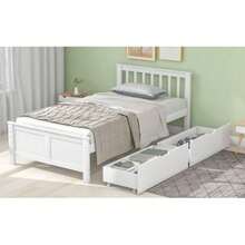 Wooden Bed, Single Bed, Teen Bed, Adult Bed, With Storage Drawers, Pine Structure, White (90x200cm) - White - View 9