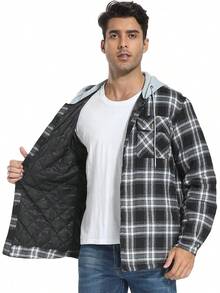Men's Long Sleeve Plaid Button Quilted Lined Flannel Shirt Jacket With Hoodhalloween - A02 Black Grid - View 11
