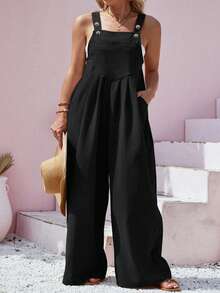 Plus Size Solid Color Sleeveless Overall With Pockets, Fall&Winter,Black