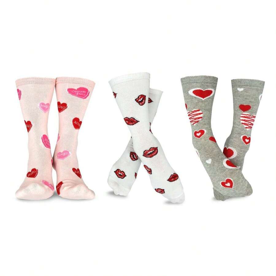 Valentine's Day Socks For Women 3-Pair Pack - Women's Crew Socks - Love Heart Pattern - Comfortable Cotton- Gift Idea For Her - 如圖707 - 查看 1