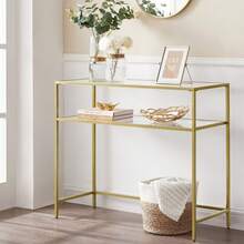 Mesa de Consola, Mesa de Entrada, Extremo del Sofá, Tablero de Vidrio Templado, Marco de Metal, Patas Ajustables, para Salón, Entrada, Pasillo, Dorado y Transparente - Dorado - Ver 1