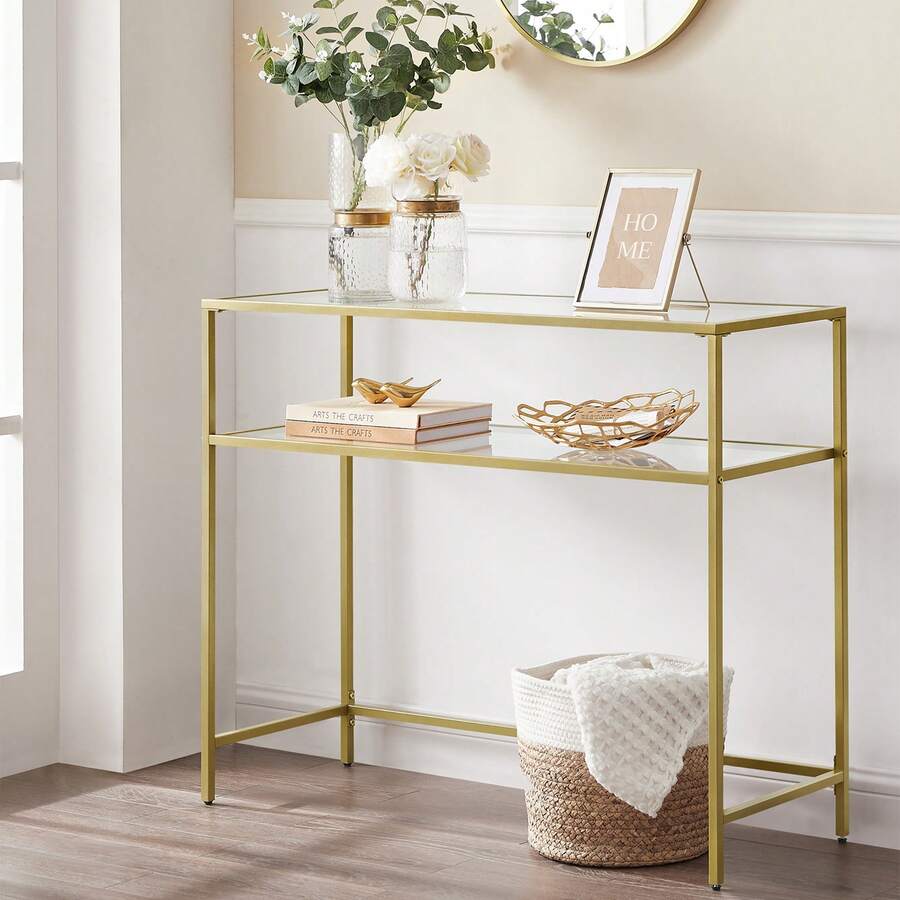Mesa de Consola, Mesa de Entrada, Extremo del Sofá, Tablero de Vidrio Templado, Marco de Metal, Patas Ajustables, para Salón, Entrada, Pasillo, Dorado y Transparente - Dorado - Ver 1
