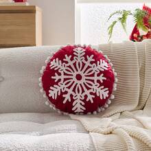 1 Stück Weihnachts-Rot Schneeflocke bestickte runde Kissenbezug, geeignet für Inneneinrichtung, Weihnachtsdekokissenbezug, Kissenfüllung nicht enthalten