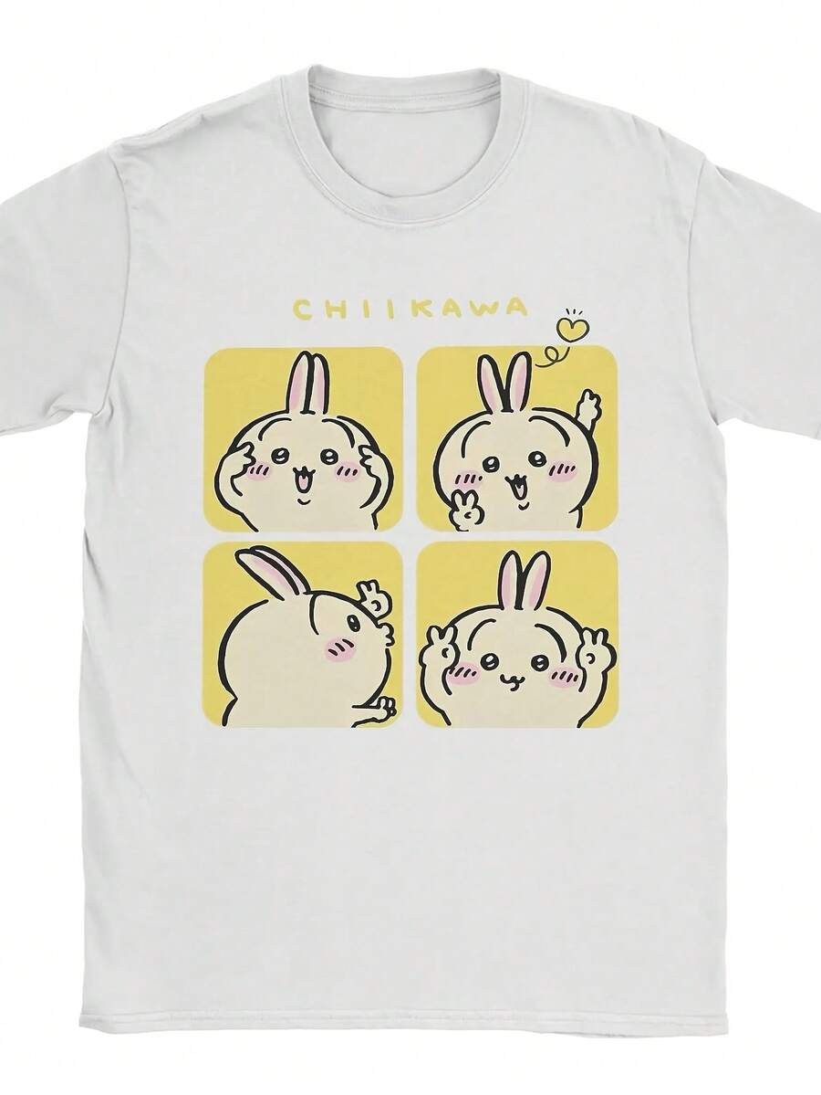 Chkawa Usagi V Sign Photo Men T Shirt Cute Cartoon Vintage Tee Shirt Short Sleeve Crewneck T-Shirt Pure Cotton 4XL 5XL Merch Camisetas - 白色10 - 查看 1