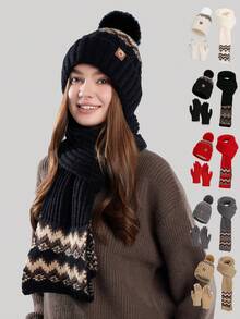 3pcs/2pcs Women Jacquard Hat, Scarf And Gloves Set, Thick Knitted Warm Winter Hat, Neck Warmer Scarf, Christmas Gift For Women, Autumn/Winter Skiing, Cycling, Hiking, Mountaineering Accessories, Christmas Present Valentines Gift - Multicolor - View 2