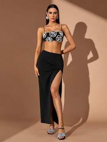 Sequin Striped Elegant High Slit Zipper Rhinestone Formal Evening Gown - Black - View 1