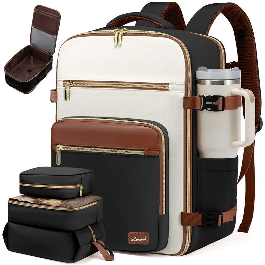 LOVEVOOK Travel Backpack For Women,40L Carry On Backpack Flight Approved,TSA Personal Item Travel Bag Fits 17 Inch Laptop,Business Weekender Overnight Daypack With Back Pad And Chest Buckle,Cubes - Black, White and Brown - View 1