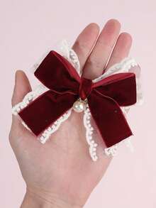 2 pièces Élégants Clips à Cheveux en Velours Bordeaux, Convenant aux Filles et Adolescentes, Accessoires Cheveux Décorés de Dentelle et Faux Perles, Cadeau du Nouvel An, Cadeau pour Femmes, Décoration de Noël, Accessoires pour la Tête - Rouge foncé - Voir 3