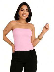 BELLA  NET Blusa Tomara que caia Cropped Colado Justo Casual Top, Adequado Para o Verão  Simples    elegante  Festa  Casual  Fofo    Tecido    Texturizado - Rosa Bebê - Visão 1