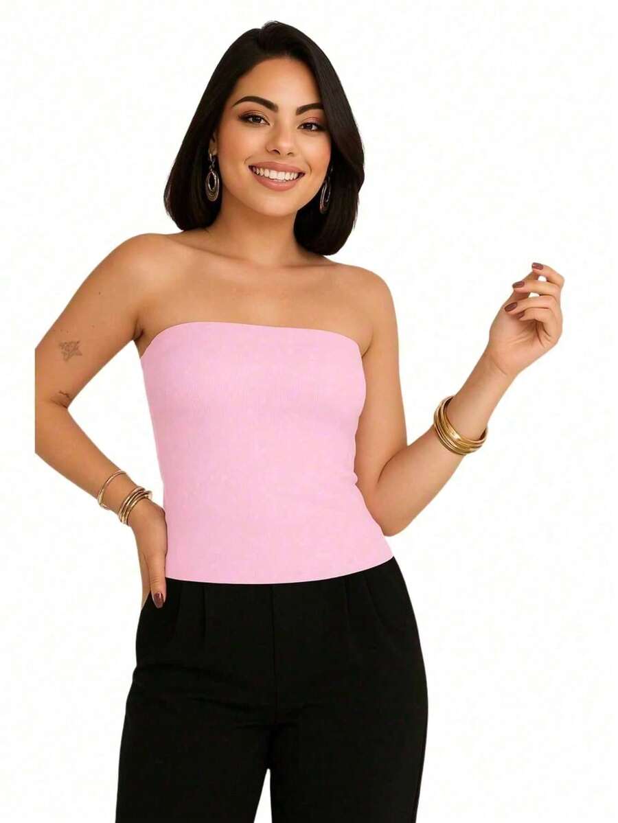 BELLA  NET Blusa Tomara que caia Cropped Colado Justo Casual Top, Adequado Para o Verão  Simples    elegante  Festa  Casual  Fofo    Tecido    Texturizado - Rosa Bebê - Visão 1