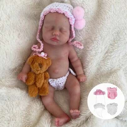 1pc Cuddly Mini Silicone Reborn Baby Dolls, Lifelike 6-Inch Soft Palm Girl, Hand-Painted Newborn Loulou, Two Color Of Clothes For Choose, Ideal Collectible Holiday/Birthday Gift For Girl