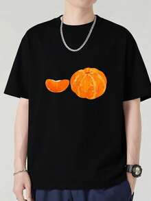 Men's Orange Print T-Shirt With Mandarin Slices And Whole Fruit, Black And White, 100% Cotton, Unisex, Stylish For Summer - Black - View 1
