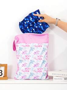 1个干湿两用袋，可重复使用拉链口袋，婴儿布尿布湿袋，旅行、海滩、泳池、日托、脏衣服袋，瑜伽健身包，泳衣湿袋 - EF694粉紅海豚 - 查看 2