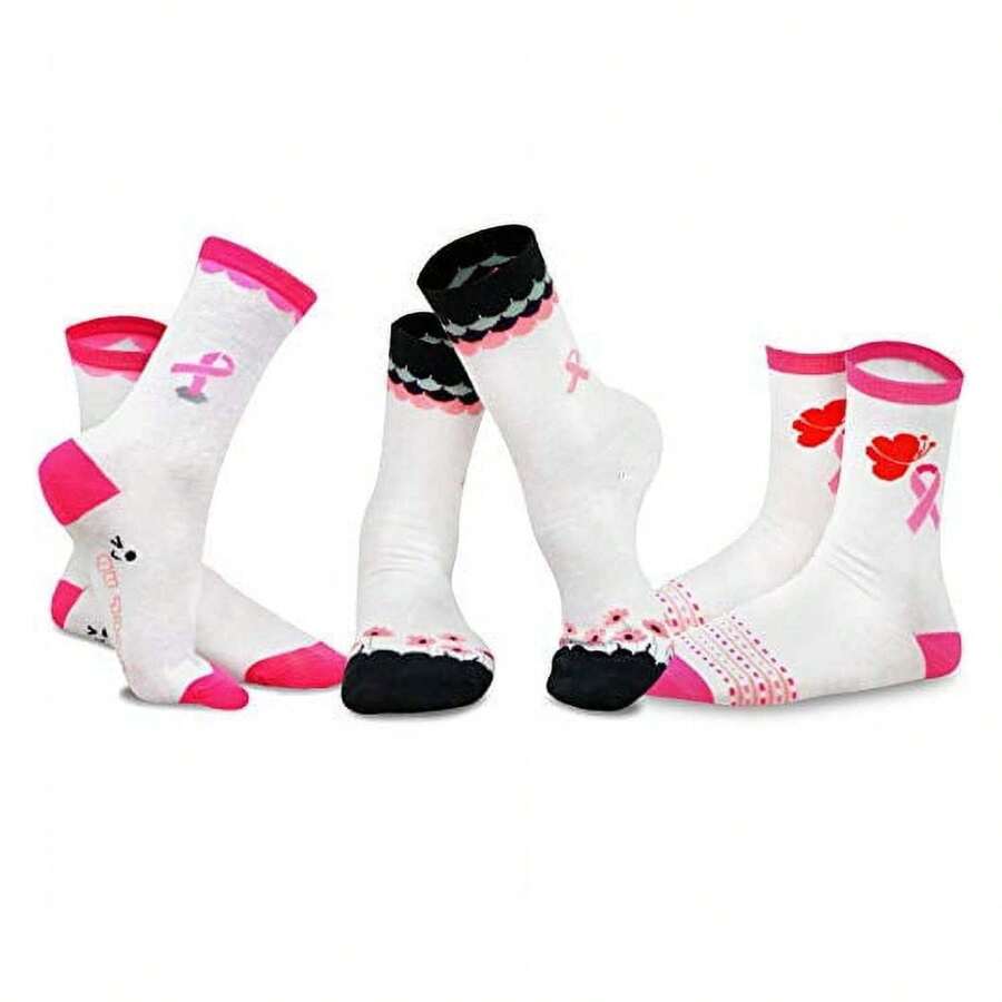 Breast Cancer Awareness Socks Women - TeeHee Crew Socks 3 Pair Pack Pink Ribbon - Soft Cotton- Casual & Gift Ideas - Women's Shoe Size 6-9 - 如圖690 - 查看 1