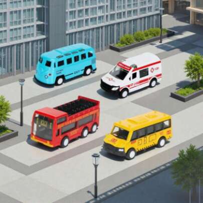 4 件套迷你城市车辆模型玩具套装，包括公共汽车、救护车、观光车、益智滑行车，适合男孩和女孩，生日、圣诞节、万圣节礼物