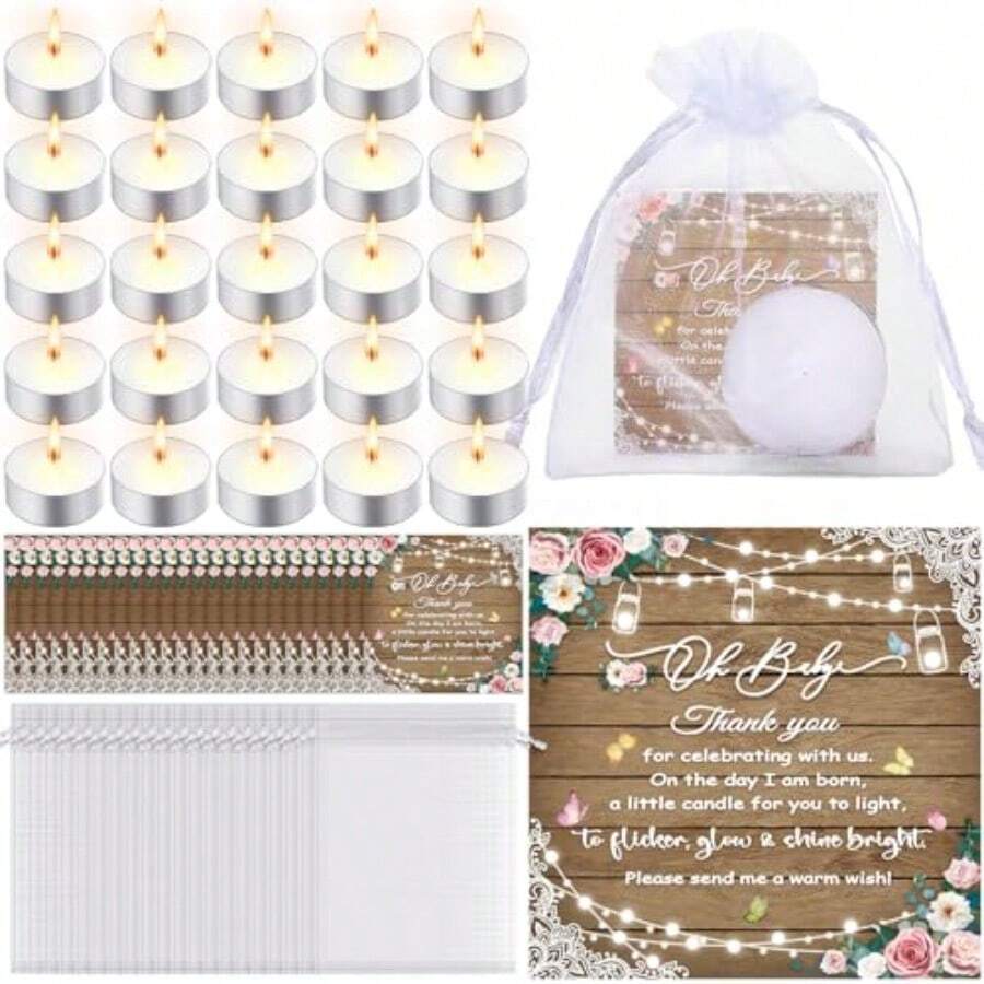 D150 Pcs Baby Shower Party Favors For Guests Rustic Wood Baby Shower Gifts Include 50 Tea Candles 50 Rustic Floral Thank You Cards 50 Return Gift Bags For Gender Reveal Party Plies10 - chủ yếu là người da trắng - Xem 1