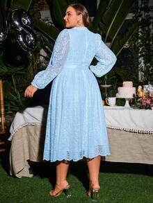 Simplee Đầm dài tay dáng chữ A ren cổ điển thanh lịch dành cho nữ cỡ lớn, thích hợp mặc mùa xuân/hè, có thắt eo, thích hợp dự tiệc hoặc đám cưới. - Màu xanh lam - Xem 8