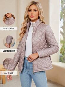 Veste légère pour femmes Risissida, design élégant avec motif matelassé en diamant, taille ajustable avec ceinture assortie, créant un look stylé pour l'automne/l'hiver