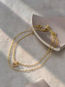 Tkool 2pcs/Set Chain & Heart Pendant Double Layer Anklet, Women Daily Wear Foot Jewelry - Yellow Gold - View 2