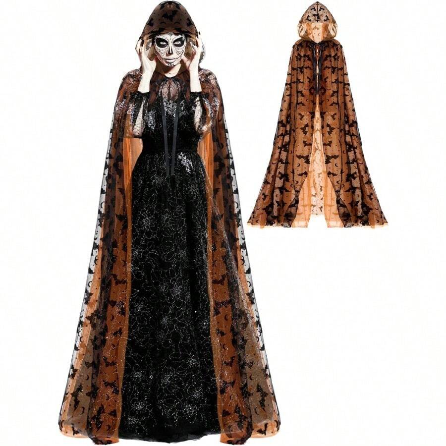 Halloween Costume Black Hooded Cape Tulle Cloak Medieval Hooded Cloak Vampire Robe With Hood For Women Cosplaygift - 橘色 - 查看 1