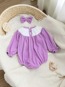 2件套女婴可爱小熊字母图案拼接领长袖连体衣和发带套装，休闲日常穿着，秋冬季 - 紫色 - 查看 2