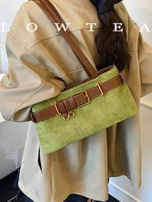 1 Túi đeo vai vải da lộn trơn màu Low Tea, Túi đeo vai vuông thời trang cổ điển dành cho nữ có quai xách đôi, Khóa kéo, Thích hợp cho du lịch, mua sắm, hẹn hò, làm quà tặng cho phụ nữ, Tuyệt vời khi đi làm, ngoài trời, du lịch, đi bộ đường dài - màu xanh lá - Xem 6