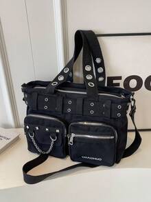 2024 春季新款休闲朋克摇滚风格大号布质手提包，尼龙面料单肩包和斜挎包 - 黑色 - 查看 7