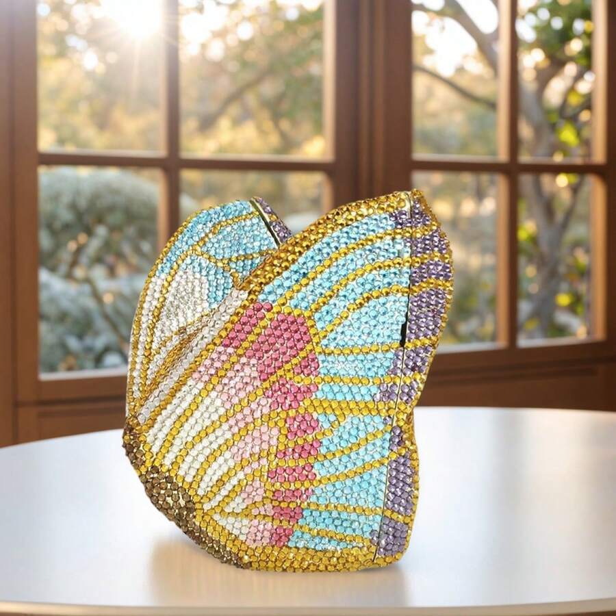 Butterfly Clutch Purse Rhinestone Crystal Evening Bag For Women Wedding Prom Cocktail Party Bridal Shining - Hồng Xanh - Xem 1