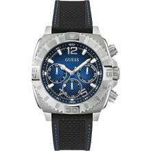 Guess 1 Piece Men's Quartz Watch – 46 Mm Silver Stainless Steel Case & Bracelet, Blue Dial With Multifunctional Timing &Black Rubber Watch Strap, Date Display, 50 M Water-Resistant Fashion Accessory–GW0801G1