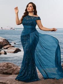 BluePlum 缎带亮片闪耀奢华晚礼服，女士优雅曲线不对称领口端庄及地美人鱼鸡尾酒会礼服，花卉无袖婚礼宾客派对礼服，女士性感复古春季礼服 - 水鴨藍 - 查看 5