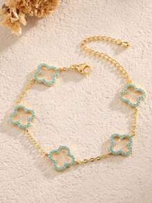 1pc Luxury Copper Zirconia Hollow Floral Chain Bracelet, Fashionable & Elegant Women's Lucky Charm Bracelet, Birthday/Date Gift