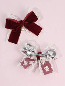 2 pièces Élégants Clips à Cheveux en Velours Bordeaux, Convenant aux Filles et Adolescentes, Accessoires Cheveux Décorés de Dentelle et Faux Perles, Cadeau du Nouvel An, Cadeau pour Femmes, Décoration de Noël, Accessoires pour la Tête - Rouge foncé - Voir 5