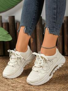 1 Pair Casual Breathable Chunky Sneakers, Mesh Sporty Fashion Versatile Comfortable Athletic Shoes - Beige - View 4