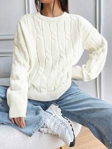 1pc Girls Teen Minimalist Solid Color Cozy Casual Outdoor Pullover Warm Thick Knitted Sweater, Autumn/Winter - trắng - Xem 1