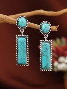 1 对波西米亚复古绿松石几何矩形吊坠耳环和椭圆形耳钉 - 藍色 - 查看 5