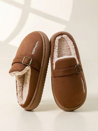 Pantuflas suaves y antideslizantes para otoño/invierno, parte superior suave y esponjosa, diseño de hebilla de moda con punta redonda holgada, comodidad de deslizar sin esfuerzo y transpirables