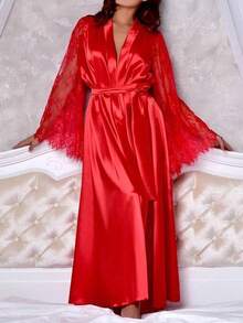 1pc - Wearable Sexy Robe, Bathrobe, Sleepwear, Satin Lace Long Sleeve Nightgown For Women, Christmas/Valentine's Day Gift (Styles Randomly Shipped), Holiday Essential, Autumn, Thanksgiving, Christmas, Carnival, National Day, Independence Day (Styles Randomly Shipped) - Red - View 7