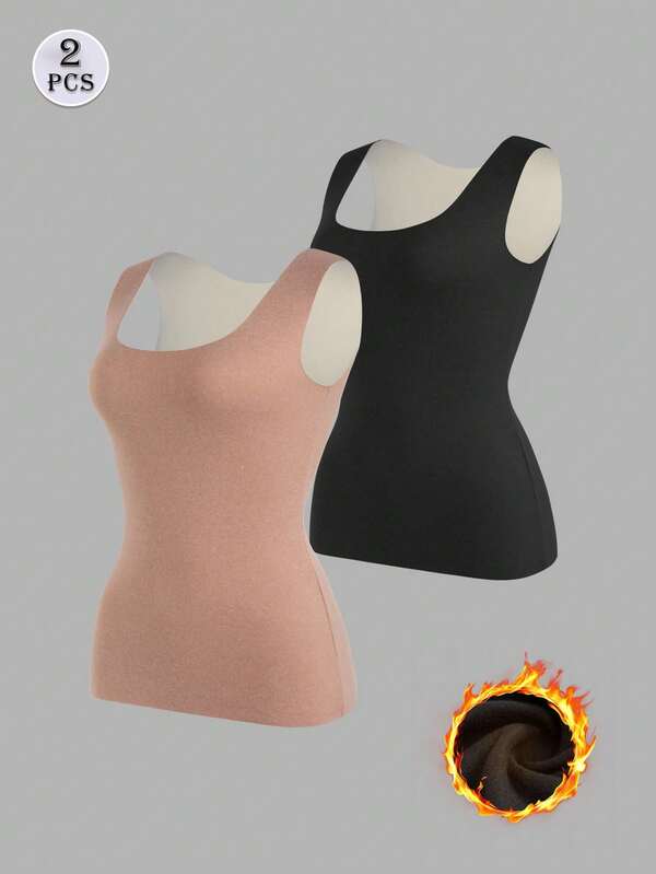 2 قطعة من الفساتين الحرارية المبطنة للنساء، ملابس علوية داخلي رياضي بلون أحادي ضيق المقاس